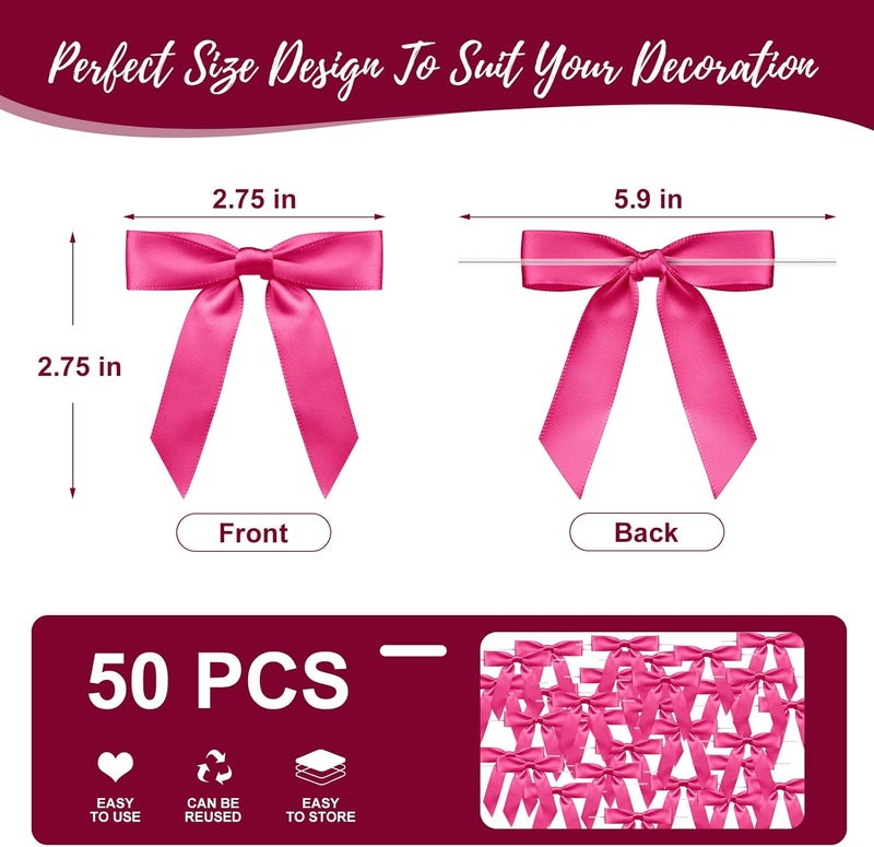 Sokfone Satin Ribbon Plum Red Bow Decor 2.5" Premade Plum Red Twist Tie Bows for Gift Wrapping Bow for Treat Bags Party Favors Wedding Decorations - 50 Counts - Image 3